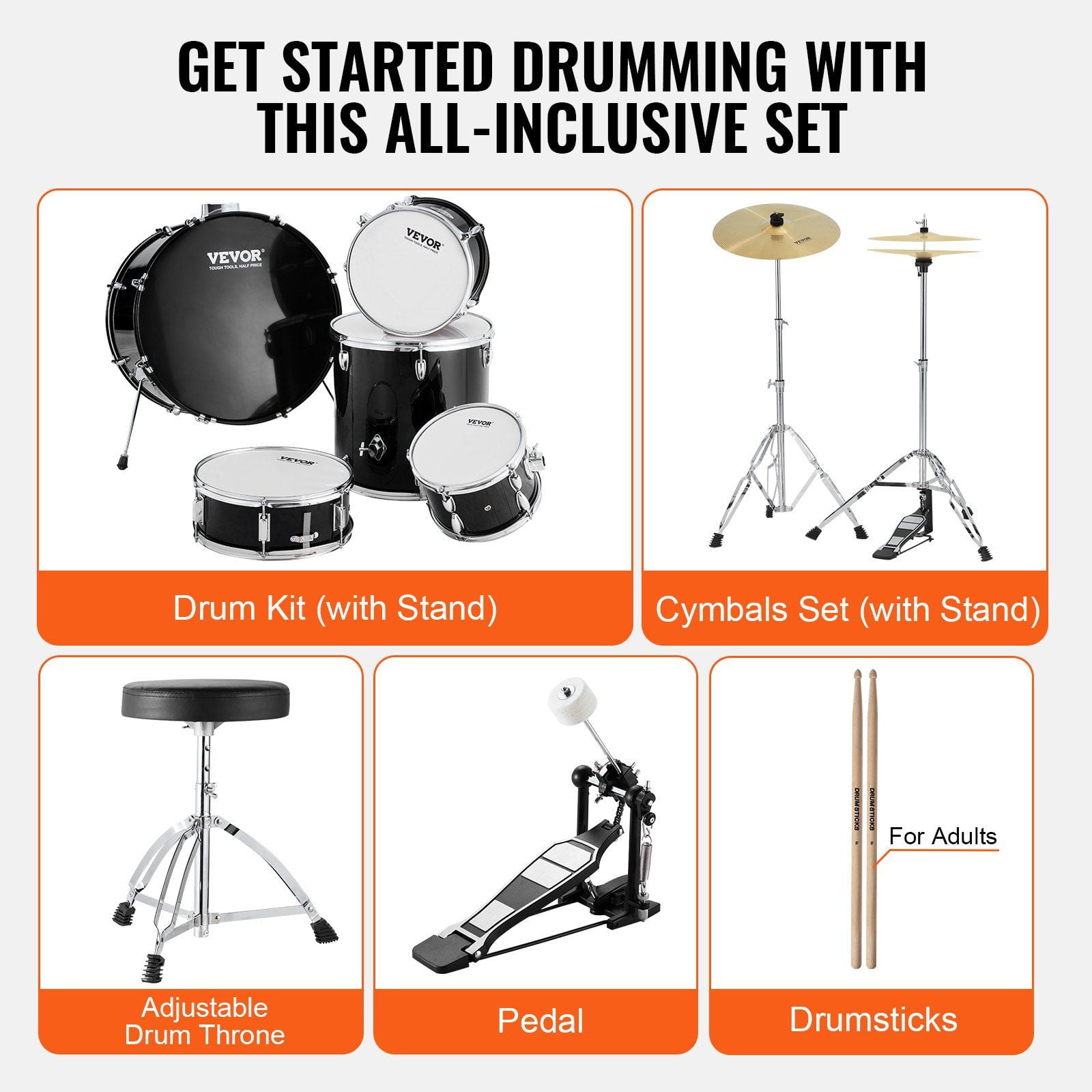 Adult Drum Set 5-Piece - Full Size Drum Kit with Throne, Pedal & Sticks - Beginner to Advanced - 22 Inch Black Drum Set