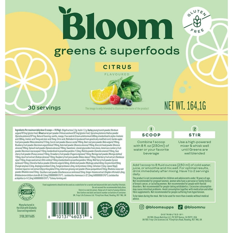 Bloom Nutrition Greens and Superfoods Powder, Citrus Flavor
