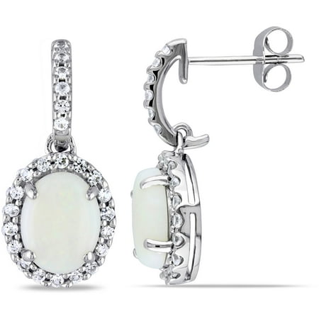 2-1/2 Carat T.G.W. Opal and Created White Sapphire 10kt White Gold Dangle Halo Earrings