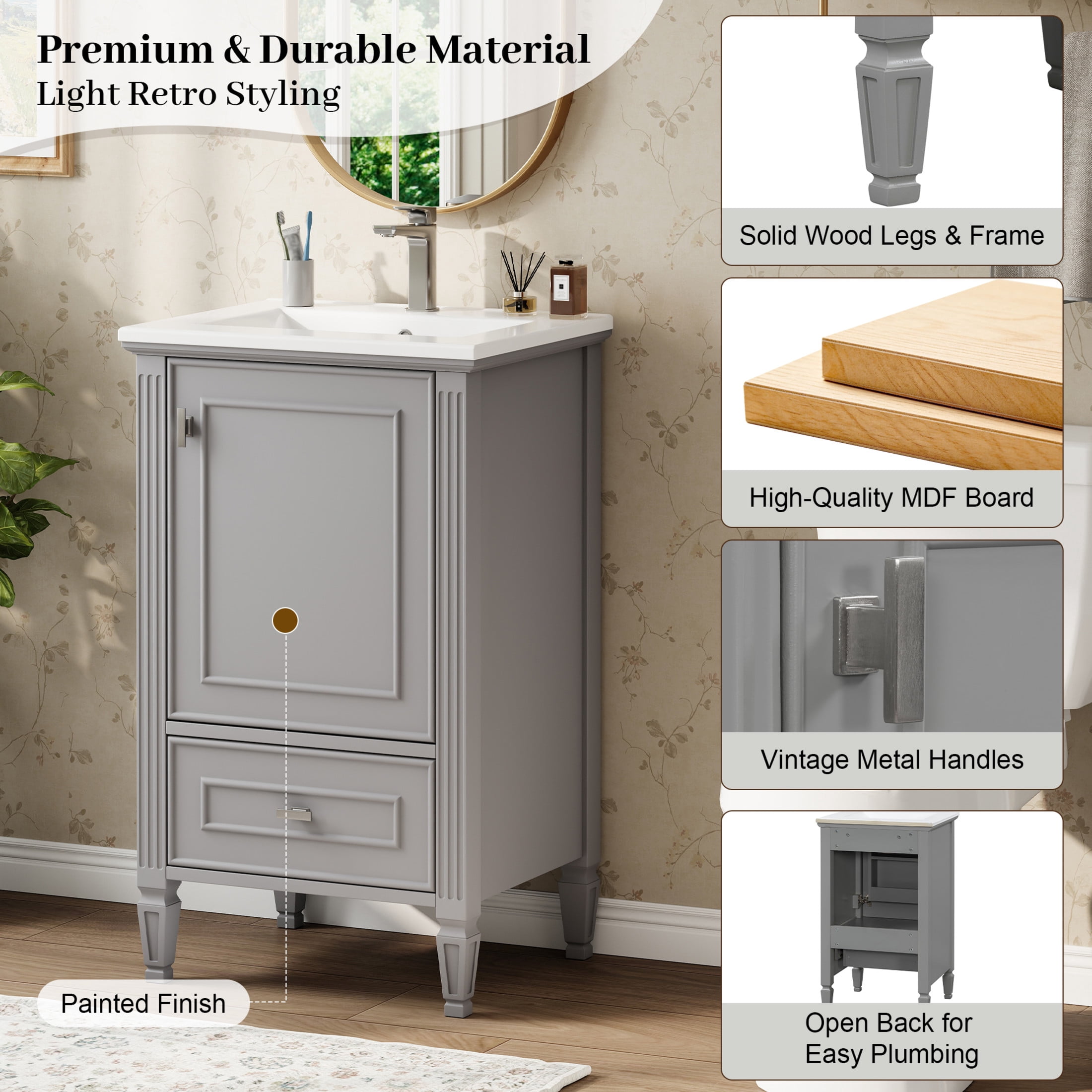 Christopher Knight Home 20" Solid Wood Bathroom Vanity with Sink, Drawer and Soft-Close Door, Gray