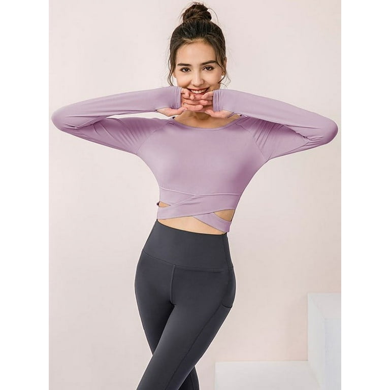 Long Sleeve Workout Shirts for Women Slim Fit Crop Top Yoga Shirts Casual  Tops,Thumb Hole Sportswear Gym Running Pilates Outfits Quick-drying Fitness  T-Shirts Sports Yoga Tops,XS-XL Purple 