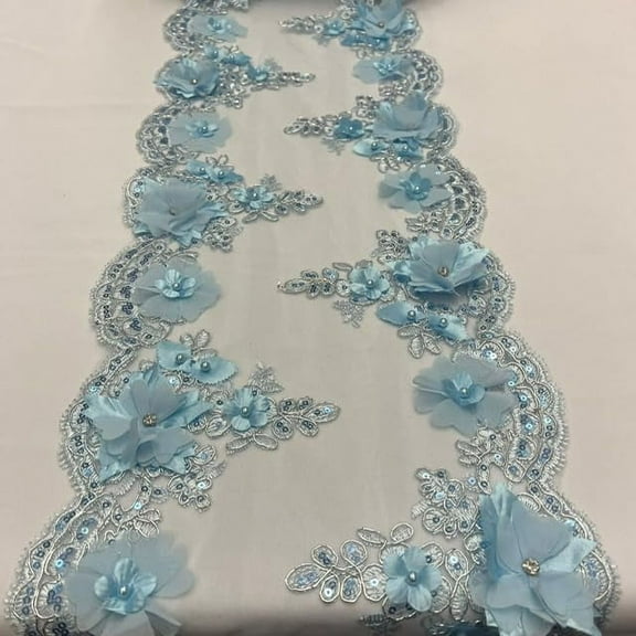 Valentina Textiles Inc VT-34 Sequin 3D lace Fabric with Embroideries on mesh with pearls and beads (3 Yard, Baby Blue)