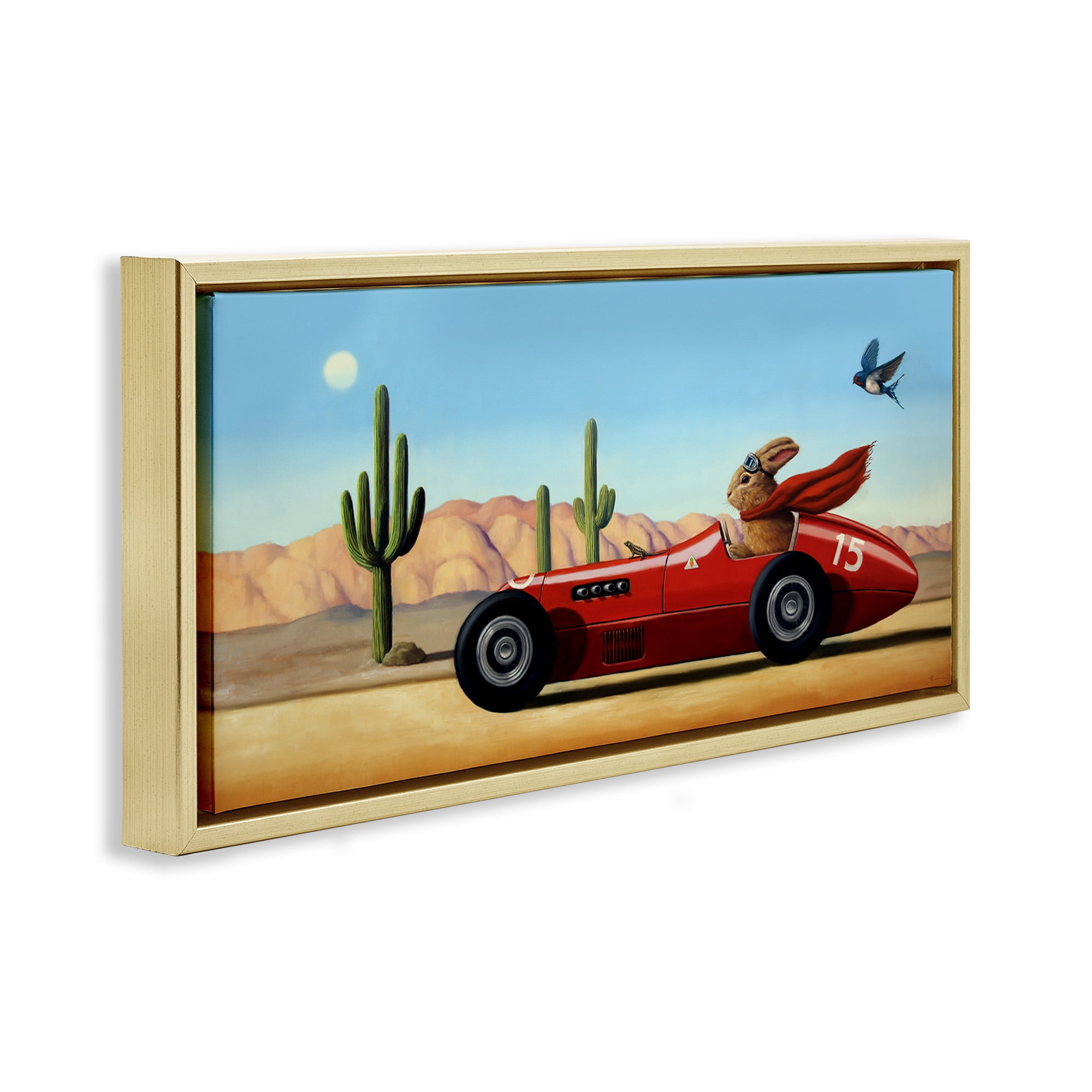 Stupell Industries Race Car Bunny Driving Desert Canyon Transportation Painting Gold Floater Framed Canvas Art Print Wall Art, 31 x 14