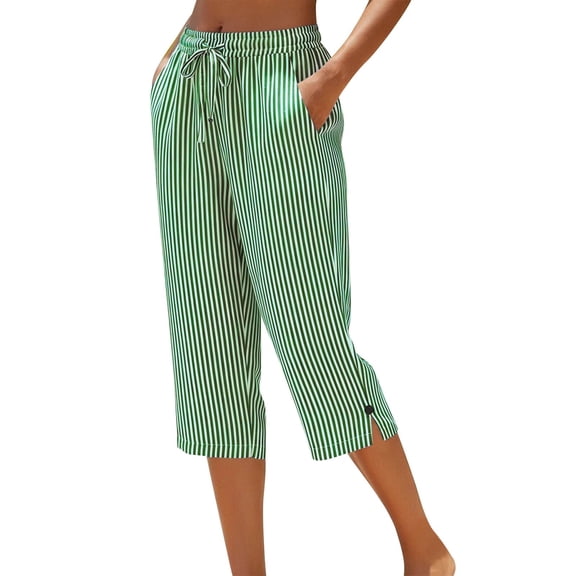 Enjoytime Women's Capris Plaid Drawstring Elastic Waist Straight Leg Capri Pants Summer Casual Plus Size Pants