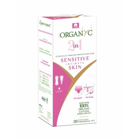 Organyc 100% Certified Organic Cotton 2 in 1 Panty Liners for Women Fits Thong or Regular Underwear, Light Flow, 20 Count