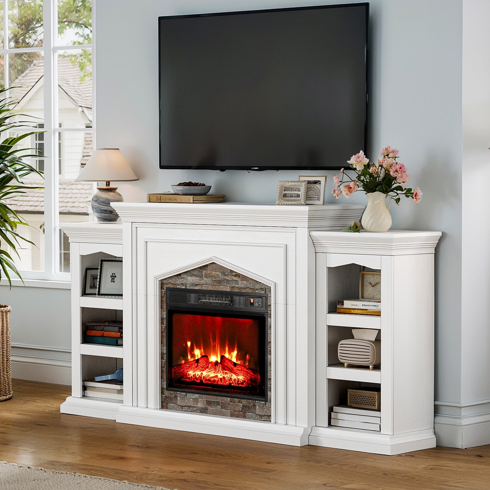 LGHM 80" Fireplace TV Stand with Storage & Bookshelves, Electric Fireplace with Mantel, Farmhouse Entertainment Center for TVs up to 90", White
