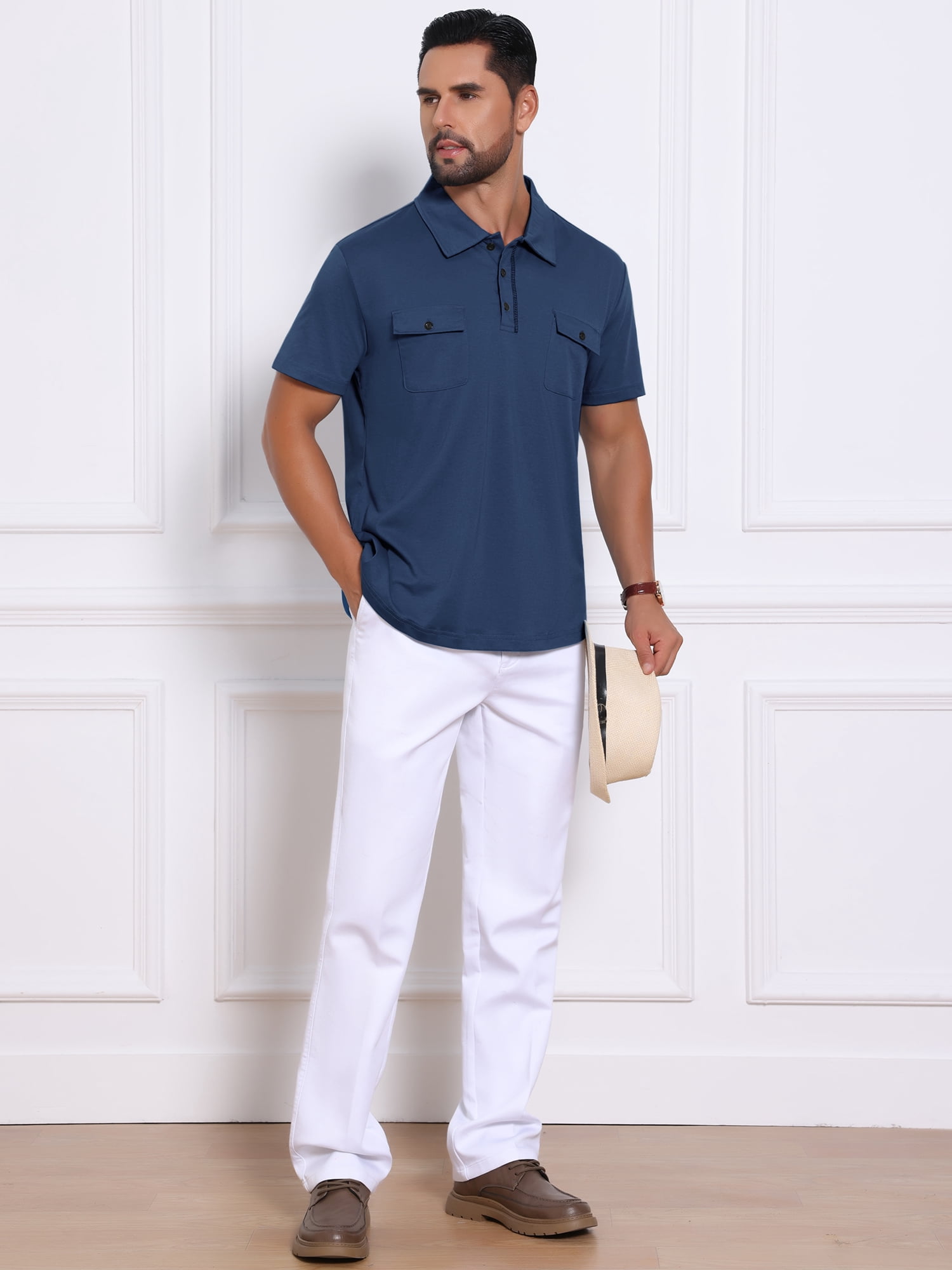 DARING DIVA Men's Collared Short Sleeve Double Chest Pockets Polo Shirt L Dark Blue