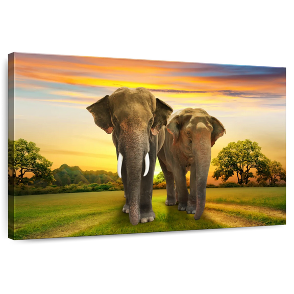 Elephant Stock Elephant Sunset Duo Wall Art - Horizontal Canvas Wall Art - Living Room Wall Decor - Animal Canvas - Green And Gray Decor - 12" x 8"