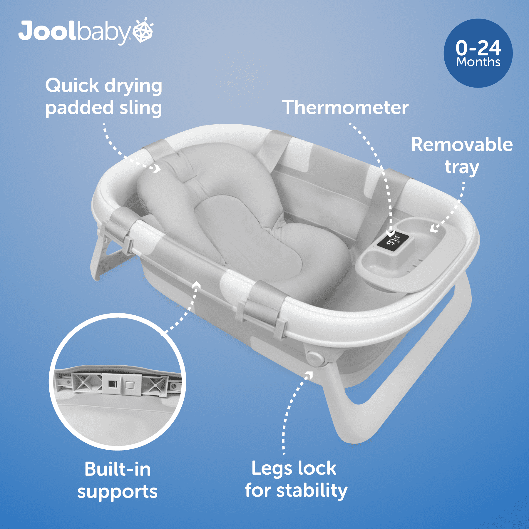 Jool Baby Fold ‘n Store Baby Bathtub – 3 Stage Collapsible Bather for Easy Storage, Portable for Travel – Built-in Thermometer (Gray)