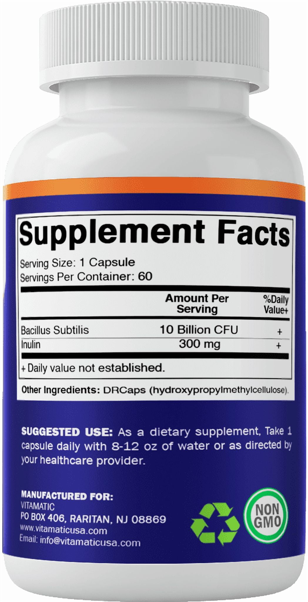 2 pack Vitamatic Bacillus Subtilis 10 Billion per DR Capsule - 60 Count - Digestive, Gut & Immune Health Support - Made with Prebiotic Inulin Fiber
