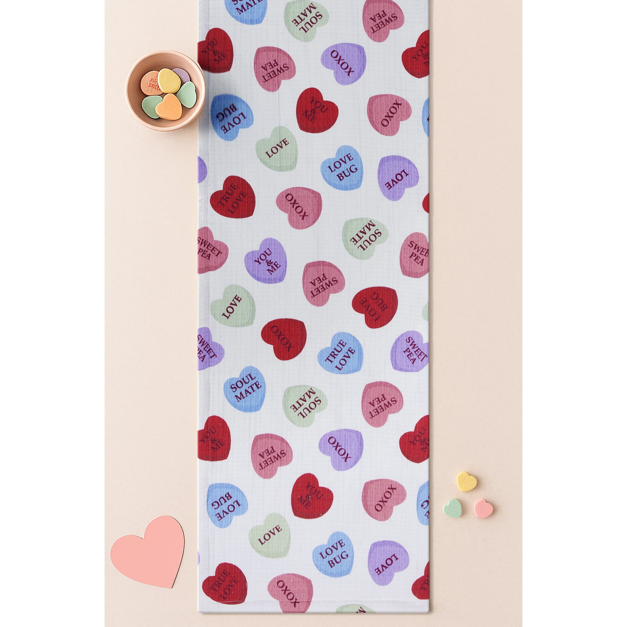 Conversation Hearts Table Runner - 14" x 72" - 100% Cotton, Multi-color