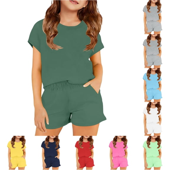 XAOFW Girls Outfits Short Sleeve Solid Color Top Shorts Toddler Kids Summer Casual Clothes Sets 6-7 Years