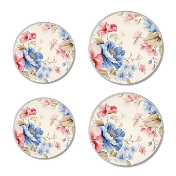 Round Stove Burner Covers 4 Pcs Metal Electric Stove Burner Covers 8Inch And 10Inch ,Pink Rose & Blue Flower Floral art