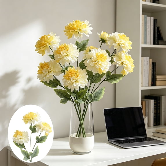 3 - Head Artificial Dahlia Silk Flowers, Living Room Decor, Dining Table Centerpiece, Wedding and Event Decor, Easy Care, Modern Indoor Accent,Yellow
