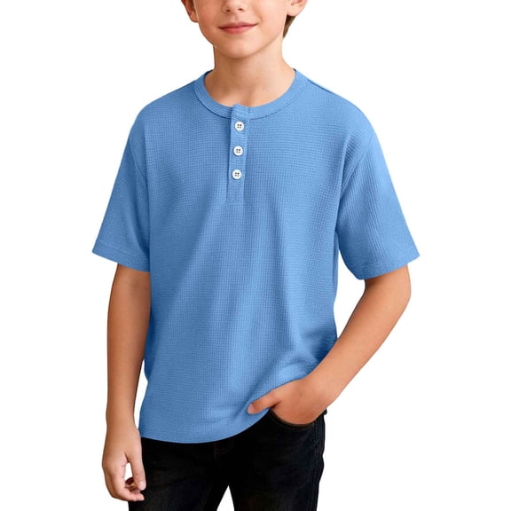 ZACPNCV Boys Waffle Henley T-Shirt Solid Color Short Sleeve Crew Neck Shirt Breathable Casual Loose Fit Knit Summer Top for 4-14 Years Blue