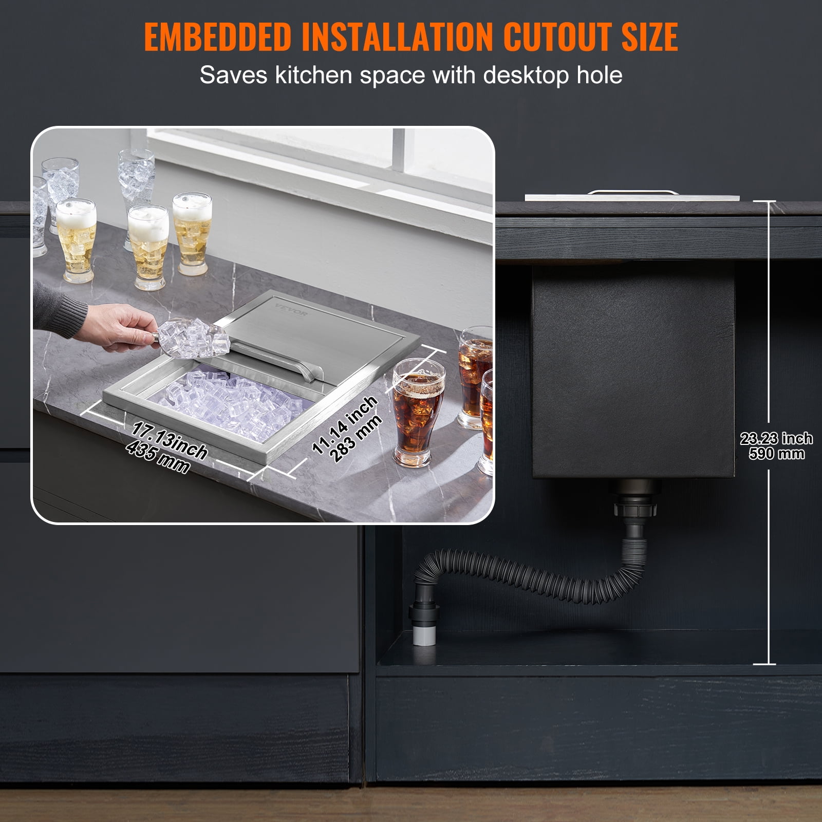KFFKFF 18"x12"x14.5" Drop in Ice Chest Ice Cooler Ice Bin Stainless Steel w/Cover
