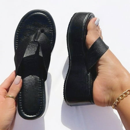 

uikmnh Women Shoes Fashion Solid Color Fabric Flip Flops Comfortable Platform Wedge Sandals Black 7.5