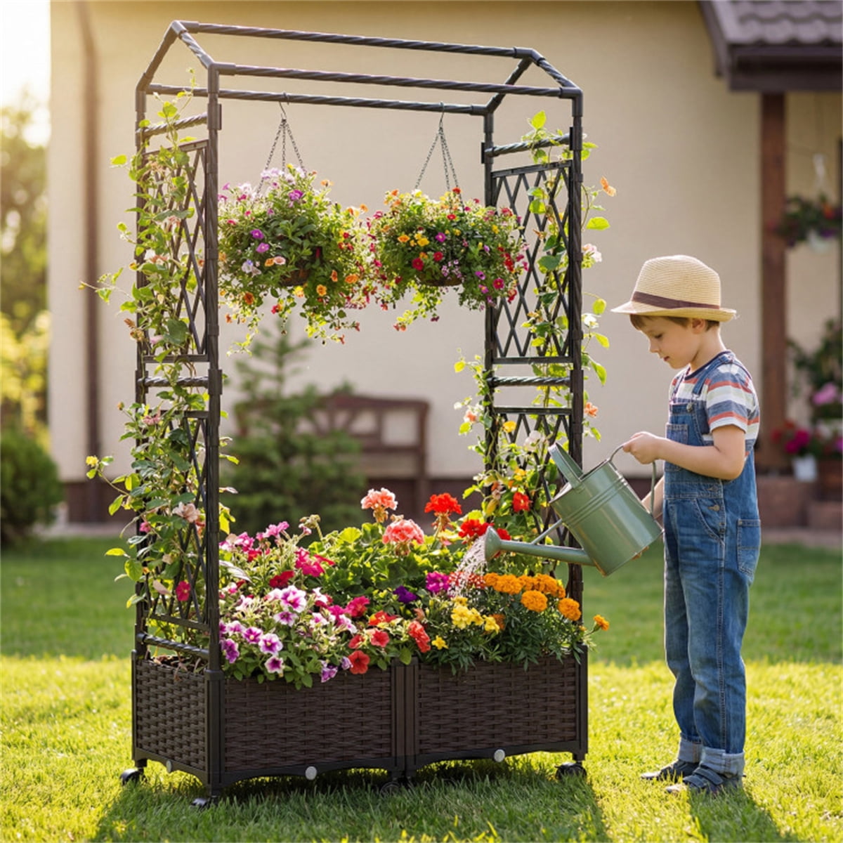 5.5 FT Raised Garden Bed with Trellis Self-Watering Planter Boxes with Lockable Wheels, 2 Configurations Vertical Garden Planter for Patio Balcony