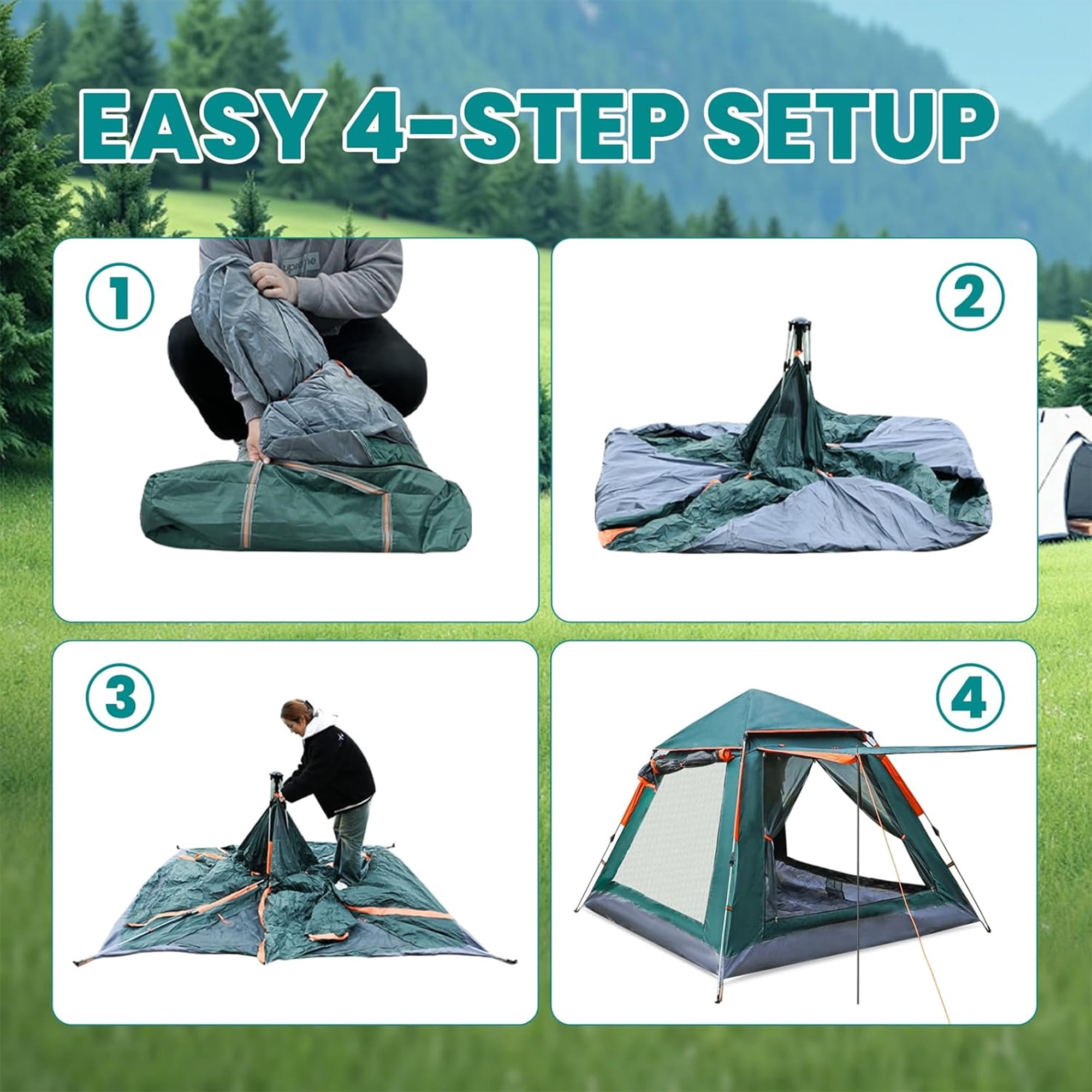 Camping Tent Popup Tent Water Resistant Windproof Dome Hiking Tent 4 People Family Easy Setup