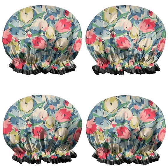 Shower Caps,Pioneer Flower Floral Print Pattern Waterproof Shower Cap for Women 4 Pieces,Double Reusable Hair Cover for Shower PEVA Elastic Stretch Hem