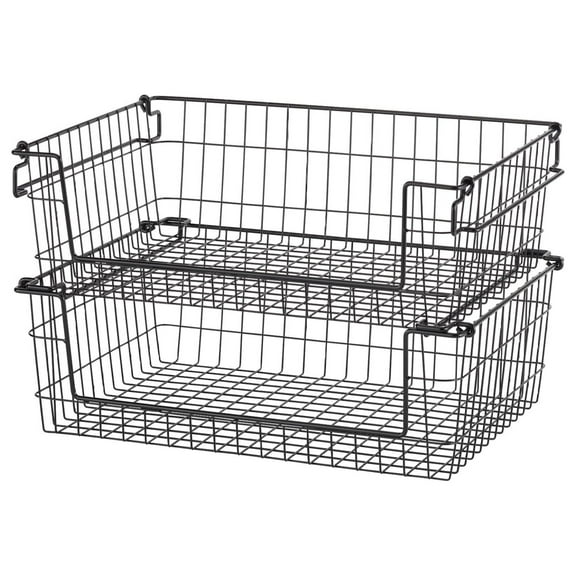 2-Pack Stackable Metal Wire Storage Baskets With Handles, Black, 19 Inches