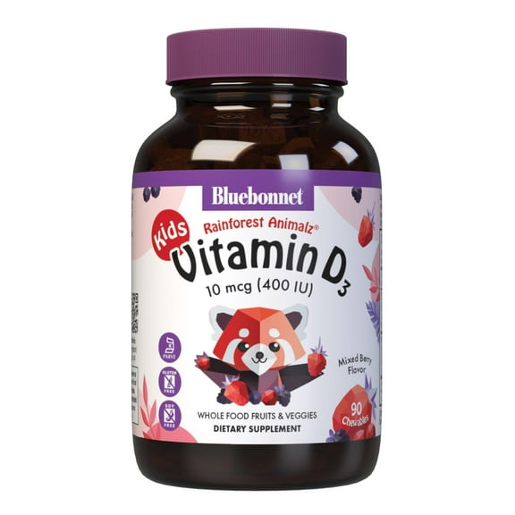 Bluebonnet Rainforest Animalz Vitamin D3 400 IU Chewable Tablet, Mixed Berry, 90 Count