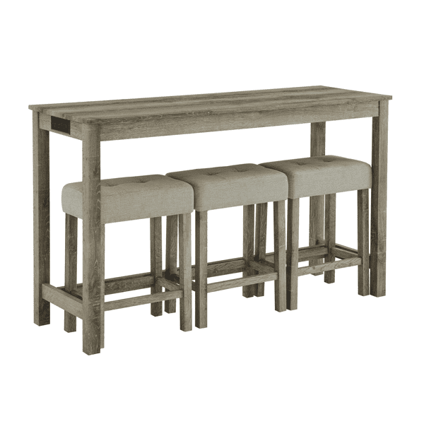 59 Inch Bar Table, Dining Table, Sofa Table with Power Outlet, 3 Upholstered Stools, 4 Piece Bar Table and Chair Set for Living Room, Dining Room, Kitchen