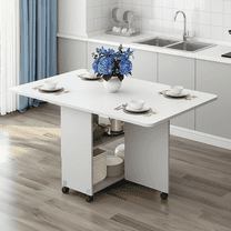 PAPROOS Folding Dining Table, 47'' Drop Leaf Dining Table with Storage Shelves & Wheels, Space Saving Kitchen Table with Marble-color, Expandable Dining Room Table, White