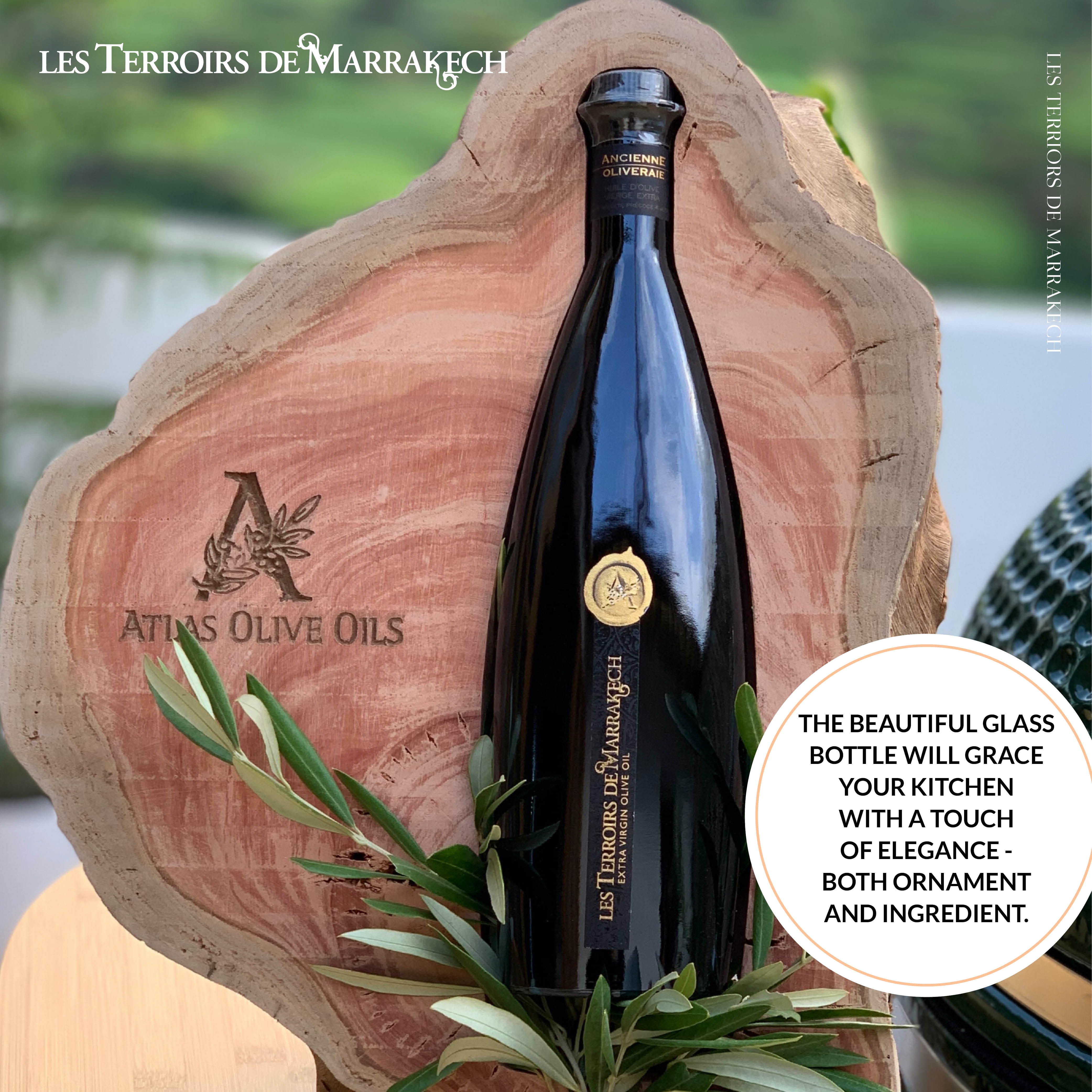 LES TERROIRS DE MARRAKECH Moroccan Organic Extra Virgin Olive Oil, Polyphenol Rich, Cold Pressed from Bicentenary trees, 8.5 Fl Oz Glass Bottle
