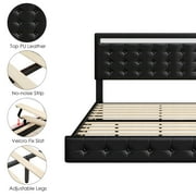 Homfa Queen Floating Bed with Lights, LED Platform Bed Frame with Under Bed Storage, PU Leather Adjustable Tufted Upholstered Bed, Black