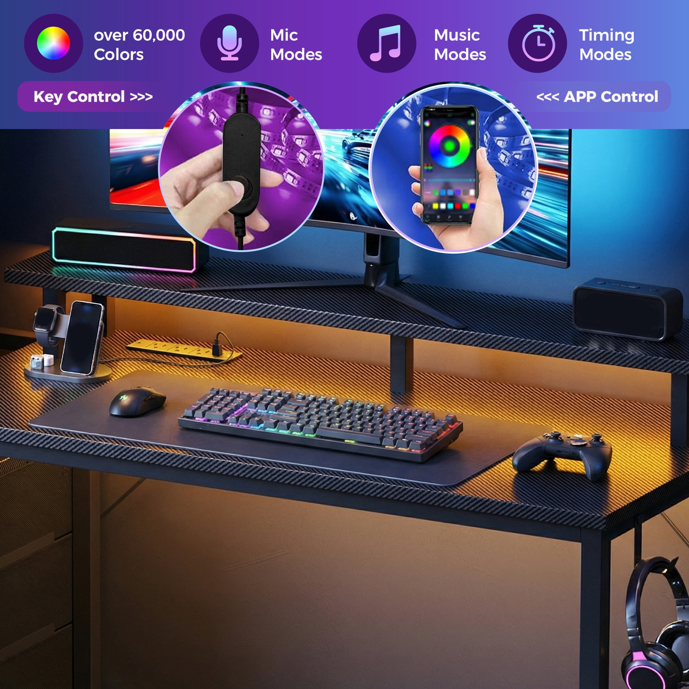 edx 59" Gaming Desk, USB Ports & LED Lights, Reversible Table with Monitor Stand for Home Office, Carbon Fiber Black