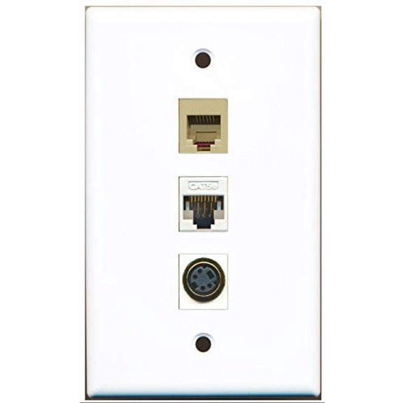 RiteAV - 1 Port Phone RJ11 RJ12 Beige and 1 Port S-Video and 1 Port Cat5e Ethernet White Wall Plate