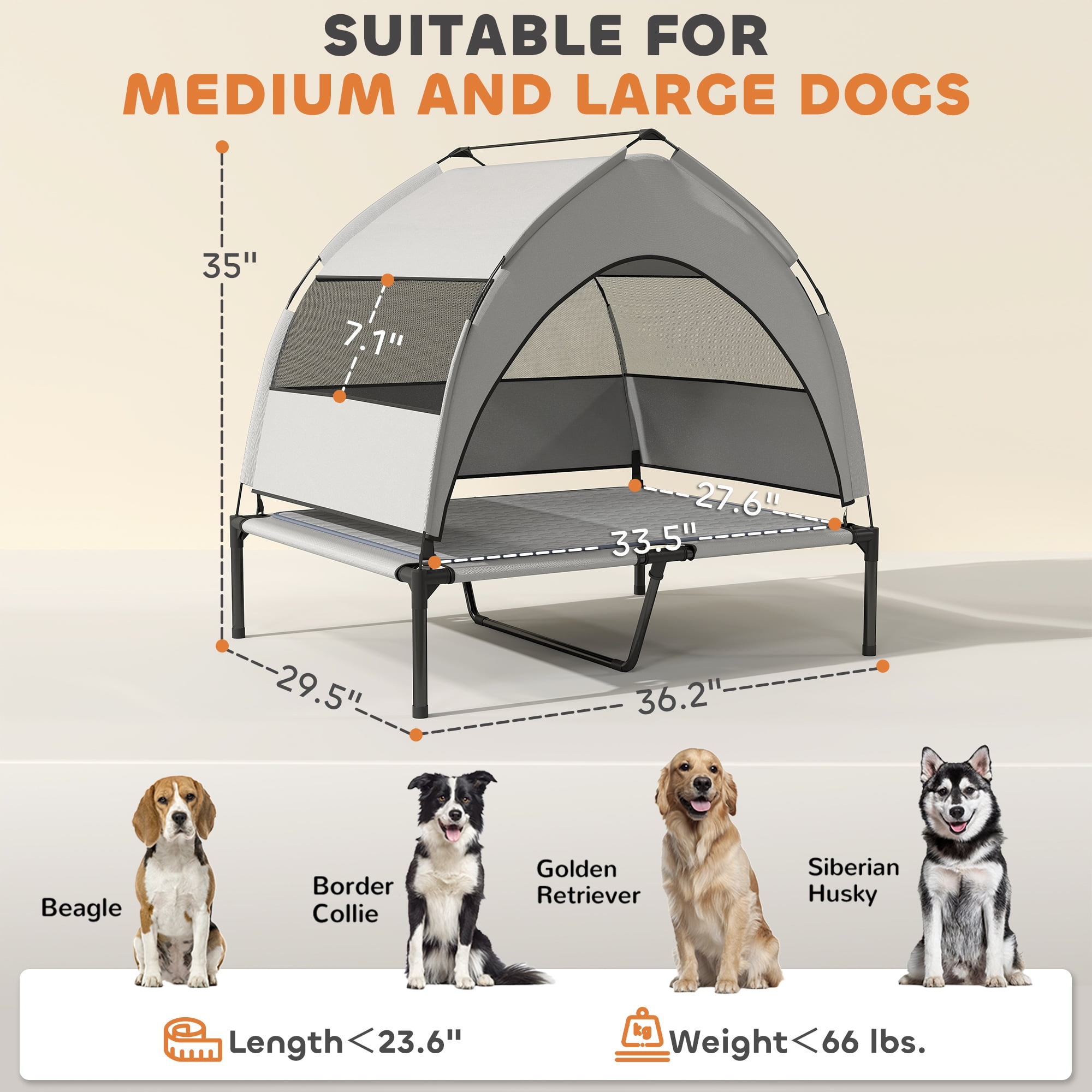 HUJHKIO Elevated Dog House with Canopy, Cooling Pad & Storage Bag, Portable Outdoor Sun Shade Shelter for Large Dogs up to 66lbs, 3-Sided Cover, Breathable Mesh, Easy Assemble Foldable Travel Pet Bed