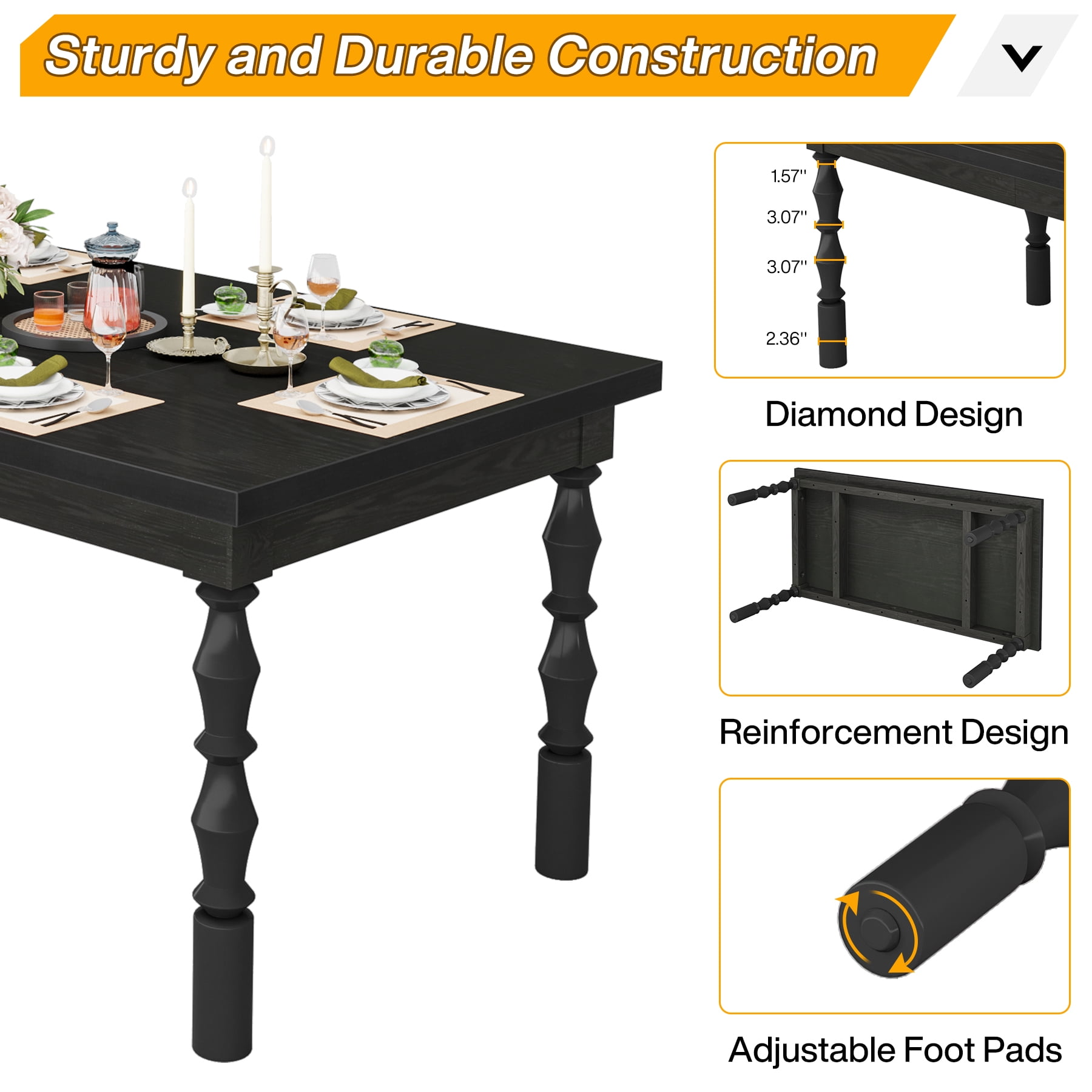 Tribesigns Dining Table, 62 in. Large Farmhouse Kitchen Table for 4-6, Rectangle Dinner Table Breakfast Table Kitchen & Dining Room Furniture with Carved Turned Legs