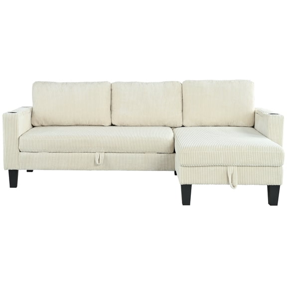Modern L Shaped Pull Out Sectional Sofa Bed, Corduroy Upholstered Sleeper Couch With Cup Holder, USB Ports and Storage For Living Room Office Apartment
