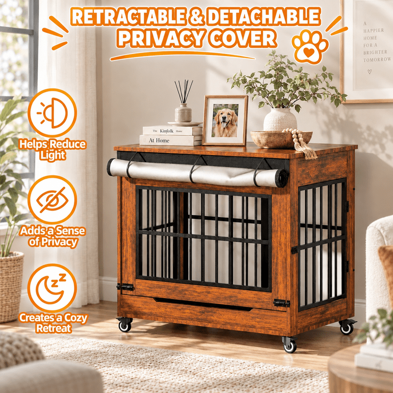 46" Large Dog Crate Furniture, Double Door Wooden Dog Kennel with Removable Curtain, Lockable Caster Wheels, Indoor Pet Cage End Table for Extra Large Dogs