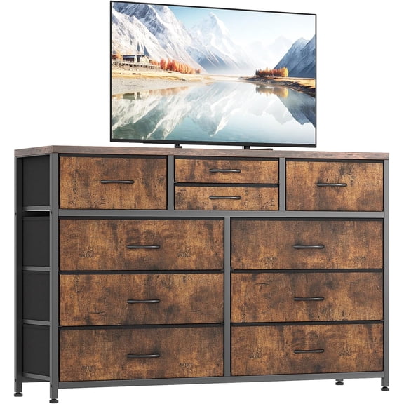 Dresser for Bedroom TV Stand for 55” TV, Entertainment Center with 10 Drawers, Storage Organizer Unit for Living Room, Closet, Entryway, Hallway (Rustic Brown)