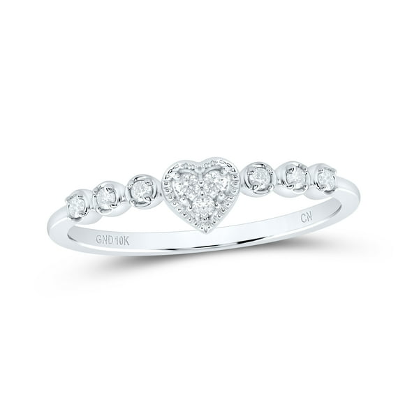 10k White Gold 1/10 Ctw Natural Diamond Stackable Band, Heart Shape Fashion Gift Band, Valentine Gift