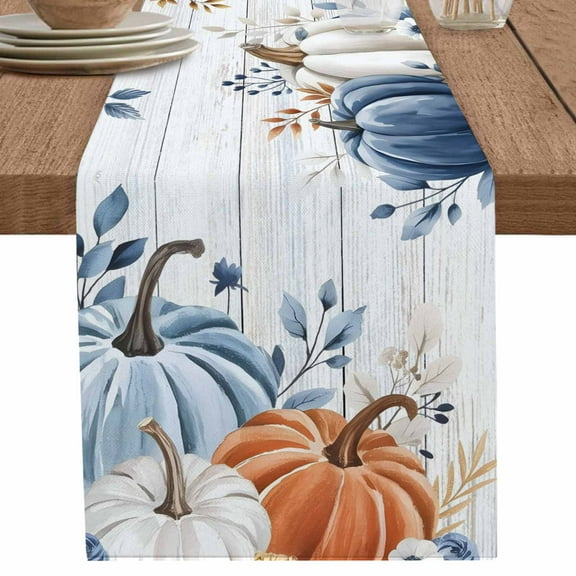 Thanksgiving Autumn Table Runner 90 Inches Long for Dining Table Decor,Blue Pumpkin Eucalyptus Wood Grain Burlap Linen Farmhouse Table Runner Coffee Table Runners Dresser for Kitchen Party Holiday