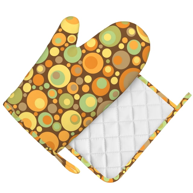 DouZhe Oven Mitts and Pot Holders Sets, Psychedelic Yellow Circles Rounds Prints Non-Slip Heat Resistant Kitchen Oven Silicone Glove