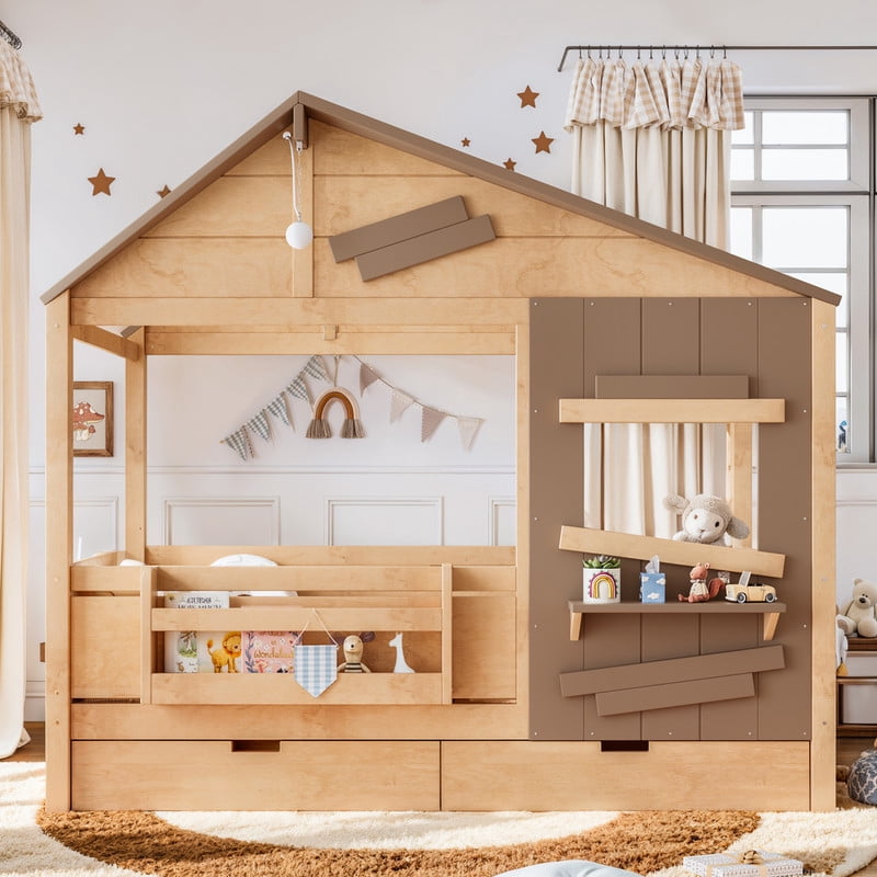 Twin House-Shaped Kid's Bed with Built-in Bookshelf & Light Bulb, Wooden Platform Bed Frame with 2 Drawers & 5 Round Hooks