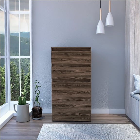 JERFIT 43 Inch Dark Walnut Dresser with Mirror, Jewelry Armoire Cabinet with 2 Drawers & Door Storage