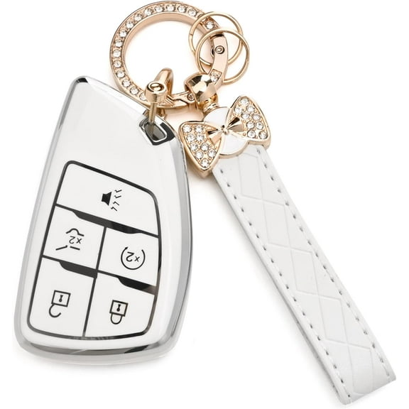 CENTRE for Chevy Key Fob Cover - Soft TPU Protection Case with Keychain for 2021-2025 Chevy Suburban Tahoe GMC Yukon Denali Silverado Buick Enclave Smart Remote Key Shell(5 Buttons White)