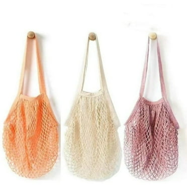 MODANU 3 Pack Grocery Bags Fruit and Vegetable Bag Washable Cotton Mesh String Shopping Handbag Long Handle Net Tote