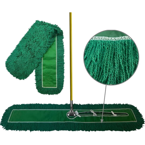 Industrial Dust Mop Kit – Includes 5 Inch Wide Closed Loop Mop Head, Fiberglass Handle, and Heavy-Duty Wire Frame – Commercial Grade - Green 60 Inch
