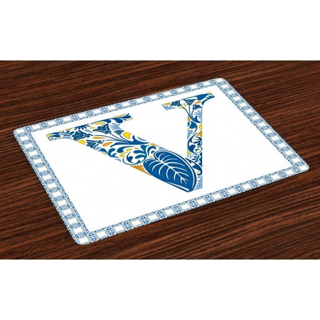 

Letter V Placemats Set of 4 Traditional Portuguese Inspired Framework and Lettering Design Capital V Washable Fabric Place Mats for Dining Room Kitchen Table Decor Blue Yellow Orange by Ambesonne