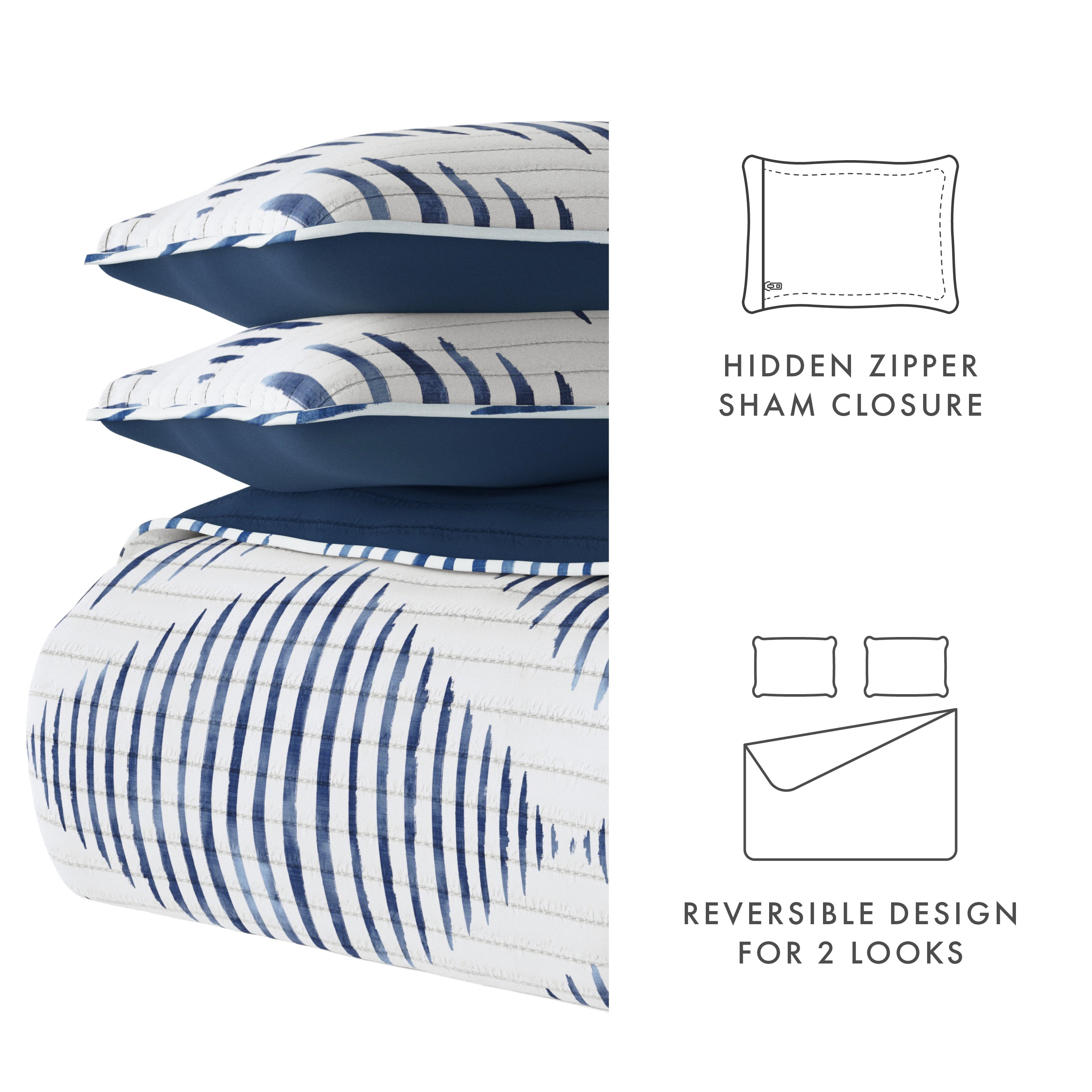 Noble Linens Navy 3 Piece Distressed Diamond Reversible Microfiber Quilt Set, King / CalKing