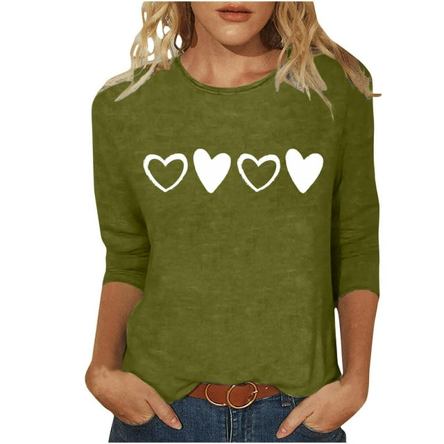 Plebaso Chemises à Manches 3/4 pour Femmes, Hauts Amples avec Cœur Mignon, Blouses Décontractées à Col Rond Imprimées
