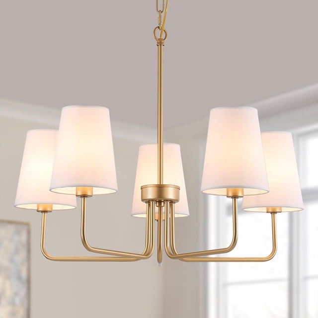 Lámpara de araña AMZASA de 5 luces, dorado mate, pantalla de tela blanca