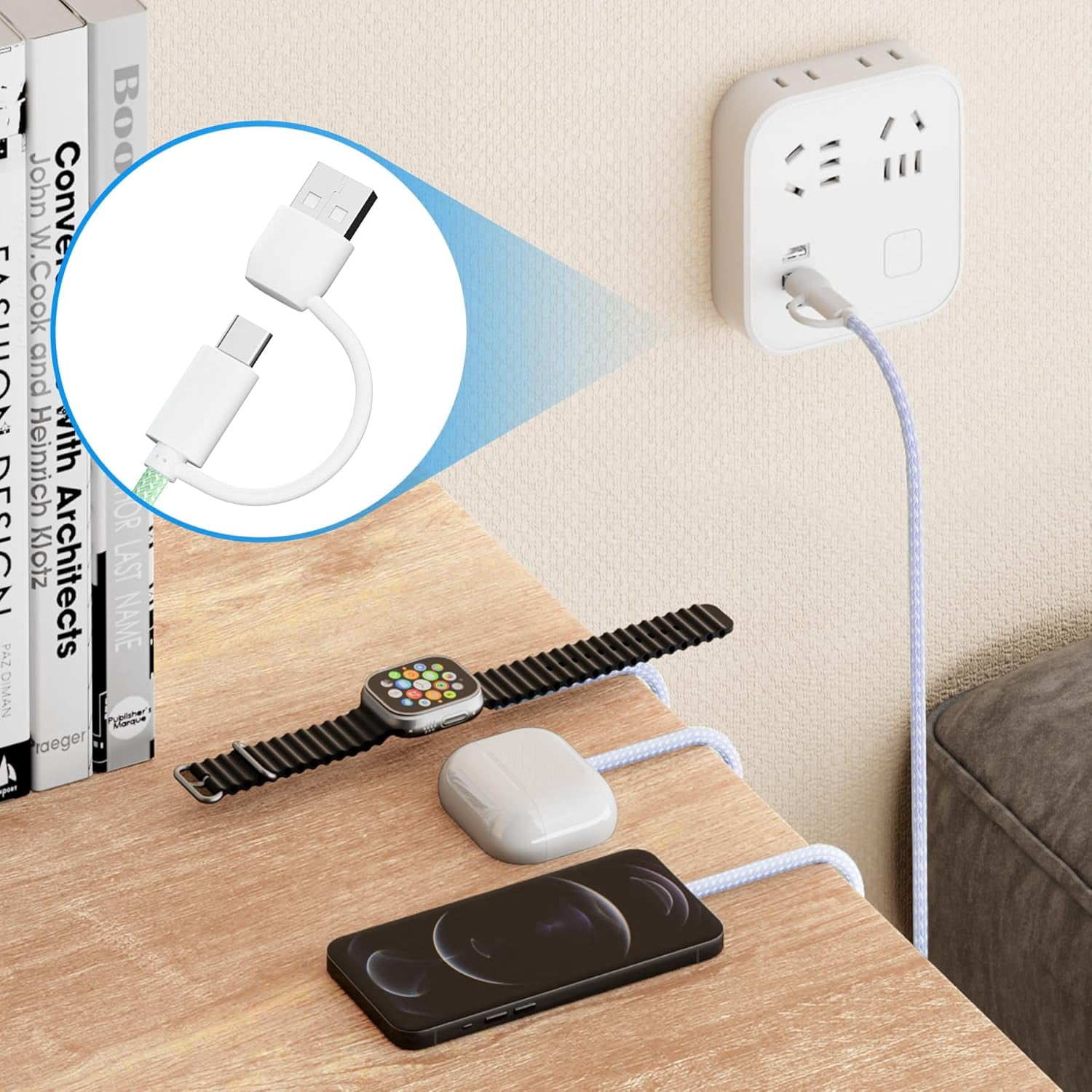 Charging USB C Watch Phone Charger 3 in 2 Cable, Compatible with Apple Watch Ultra SE Series 1-8, Universal Travel Multi Devices All in One Cord, 4FT/1.2M-Blue